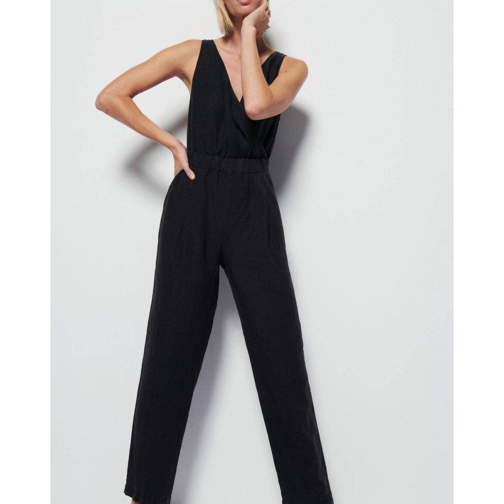 Nation LTD Kiara Jet Black Linen Surplice Wrap V-Neck Sleeveless Jumpsuit Small
